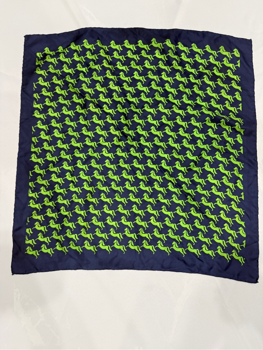 Navy Silk Scarf with Lime Green Horse Print 25”x26”